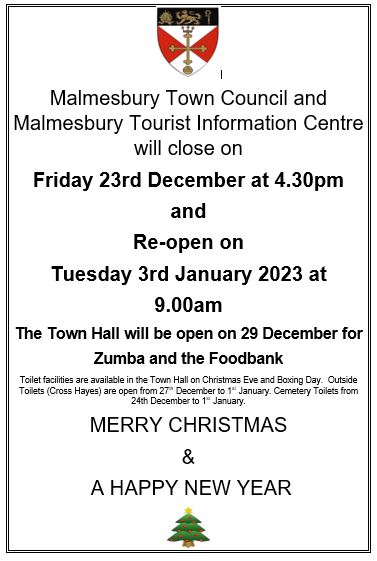 Malmesbury Town Council &amp; Tourist Information Centre - Opening Times over Christmas Period